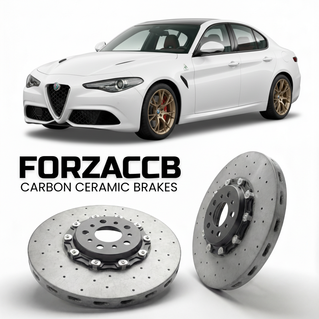 ForzaCCB direct OEM replacement carbon ceramic brake rotors for 2022 and newer Alfa Romeo Giulia 952, facelift 2022 models, shown with a white Alfa Romeo Giulia car.