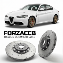 ForzaCCB direct OEM replacement carbon ceramic brake rotors for 2022 and newer Alfa Romeo Giulia 952, facelift 2022 models, shown with a white Alfa Romeo Giulia car.