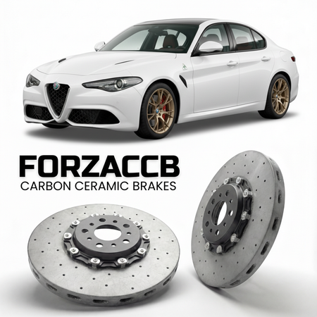 ForzaCCB direct OEM replacement carbon ceramic brake rotors for 2022 and newer Alfa Romeo Giulia 952, facelift 2022 models, shown with a white Alfa Romeo Giulia car.