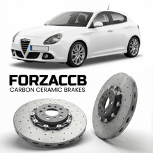 ForzaCCB direct OEM replacement carbon ceramic brake rotors for 2010 to 2016 Alfa Romeo Giulietta Type 940 models, shown with a white Alfa Romeo Giulietta car.