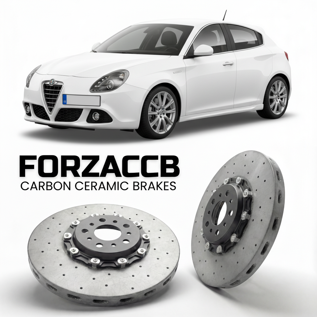ForzaCCB direct OEM replacement carbon ceramic brake rotors for 2010 to 2016 Alfa Romeo Giulietta Type 940 models, shown with a white Alfa Romeo Giulietta car.