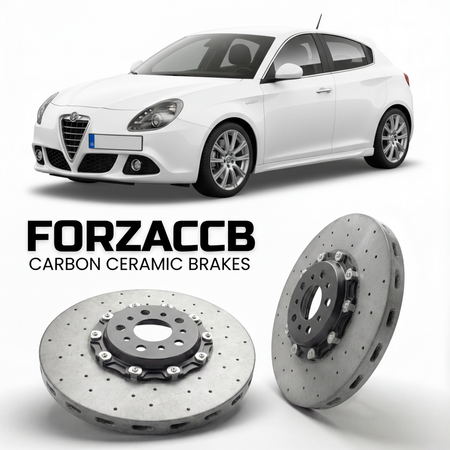 ForzaCCB direct OEM replacement carbon ceramic brake rotors for 2010 to 2016 Alfa Romeo Giulietta Type 940 models, shown with a white Alfa Romeo Giulietta car.