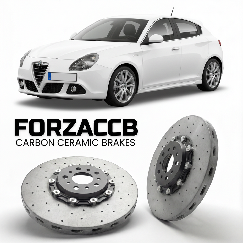 ForzaCCB direct OEM replacement carbon ceramic brake rotors for 2010 to 2016 Alfa Romeo Giulietta Type 940 models, shown with a white Alfa Romeo Giulietta car.