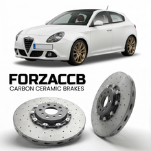 ForzaCCB direct OEM replacement carbon ceramic brake rotors for 2015 to 2020 Alfa Romeo Giulietta Type 940 facelift 2016 models, shown with a white Alfa Romeo Giulietta car.