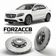 ForzaCCB direct OEM replacement carbon ceramic brake rotors for 2013 to 2019 Mercedes-Benz GLA X156 models, shown with a white Mercedes-Benz GLA car.