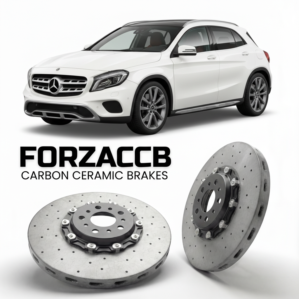 ForzaCCB direct OEM replacement carbon ceramic brake rotors for 2013 to 2019 Mercedes-Benz GLA X156 models, shown with a white Mercedes-Benz GLA car.