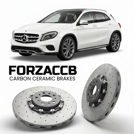 ForzaCCB direct OEM replacement carbon ceramic brake rotors for 2013 to 2019 Mercedes-Benz GLA X156 models, shown with a white Mercedes-Benz GLA car.