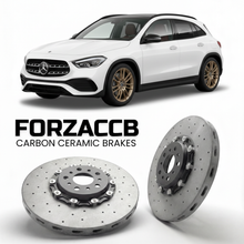 ForzaCCB direct OEM replacement carbon ceramic brake rotors for 2020- Mercedes-Benz GLA H247 models, shown with a white Mercedes-Benz GLA car.