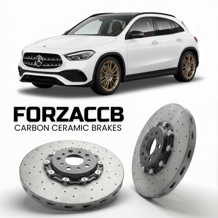 ForzaCCB direct OEM replacement carbon ceramic brake rotors for 2020- Mercedes-Benz GLA H247 models, shown with a white Mercedes-Benz GLA car.
