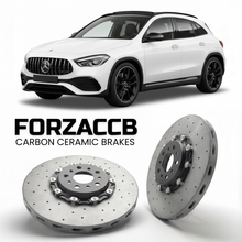 ForzaCCB direct OEM replacement carbon ceramic brake rotors for 2020- Mercedes-Benz GLA 35 AMG H247 models, shown with a white Mercedes-Benz GLA 35 AMG car.