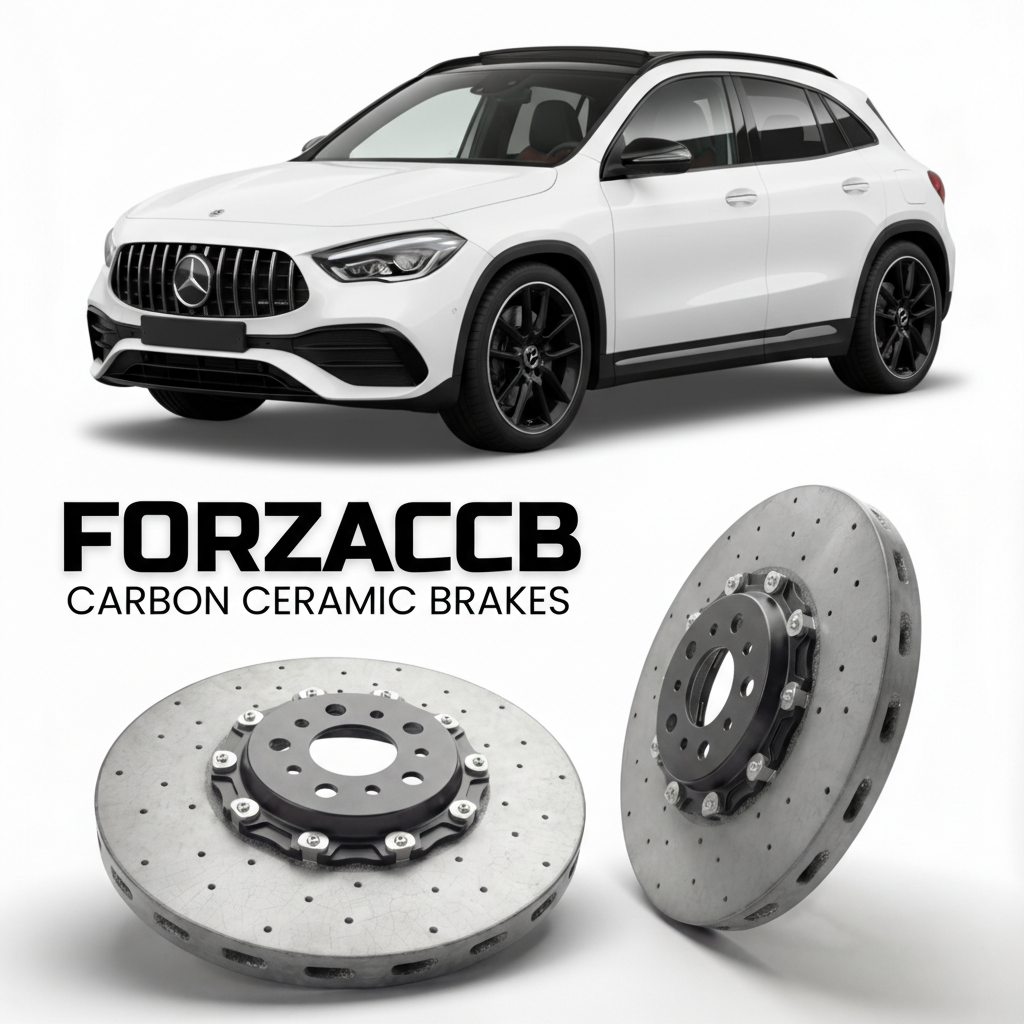 ForzaCCB direct OEM replacement carbon ceramic brake rotors for 2020- Mercedes-Benz GLA 35 AMG H247 models, shown with a white Mercedes-Benz GLA 35 AMG car.