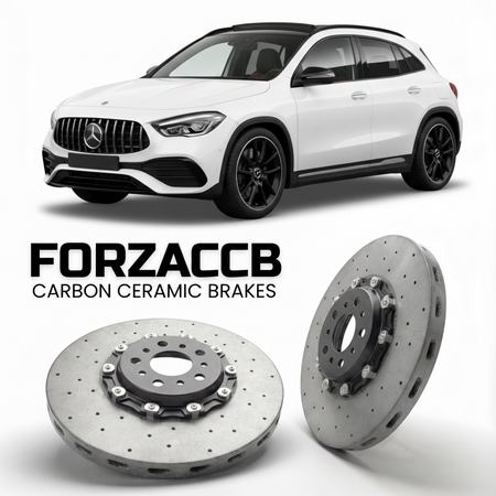 ForzaCCB direct OEM replacement carbon ceramic brake rotors for 2020- Mercedes-Benz GLA 35 AMG H247 models, shown with a white Mercedes-Benz GLA 35 AMG car.