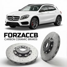 ForzaCCB direct OEM replacement carbon ceramic brake rotors for 2014 to 2015 Mercedes-Benz GLA 45 AMG X156 models, shown with a white Mercedes-Benz GLA 45 AMG car.
