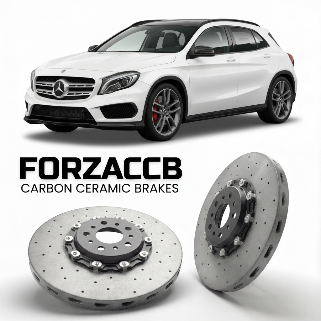 ForzaCCB direct OEM replacement carbon ceramic brake rotors for 2014 to 2015 Mercedes-Benz GLA 45 AMG X156 models, shown with a white Mercedes-Benz GLA 45 AMG car.