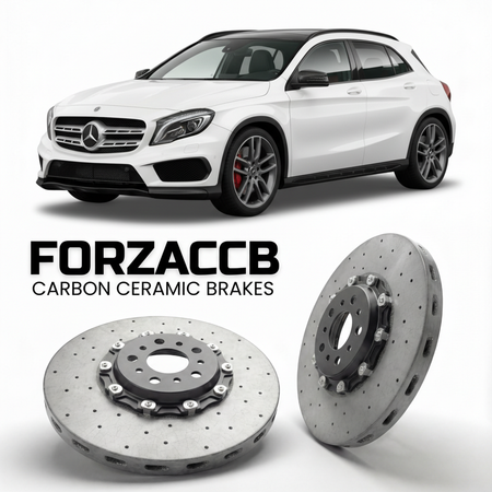 ForzaCCB direct OEM replacement carbon ceramic brake rotors for 2014 to 2015 Mercedes-Benz GLA 45 AMG X156 models, shown with a white Mercedes-Benz GLA 45 AMG car.