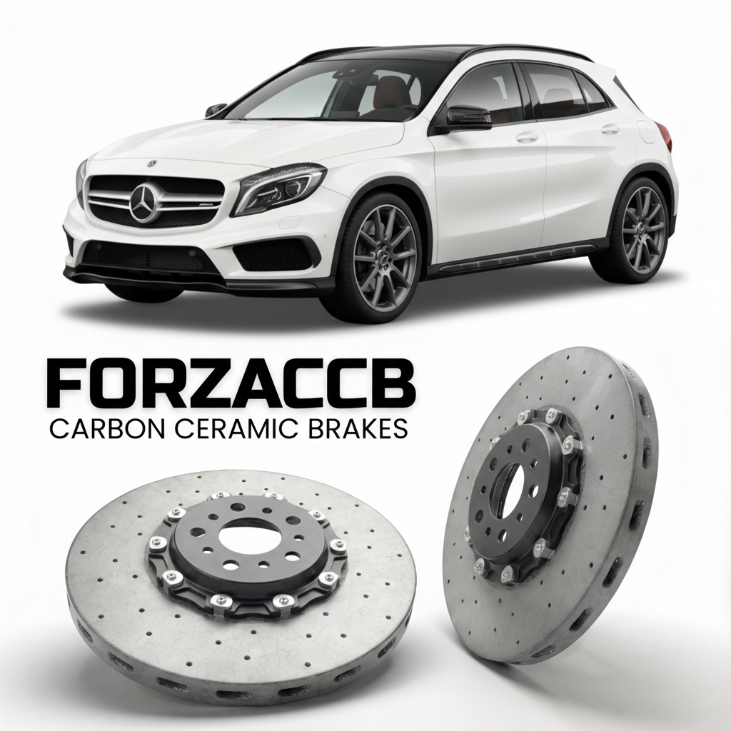 ForzaCCB direct OEM replacement carbon ceramic brake rotors for 2015 to 2019 Mercedes-Benz GLA 45 AMG X156 models, shown with a white Mercedes-Benz GLA 45 AMG car.