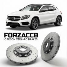 ForzaCCB direct OEM replacement carbon ceramic brake rotors for 2015 to 2019 Mercedes-Benz GLA 45 AMG X156 models, shown with a white Mercedes-Benz GLA 45 AMG car.