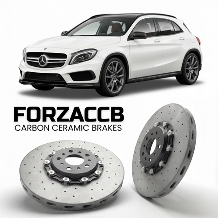 ForzaCCB direct OEM replacement carbon ceramic brake rotors for 2015 to 2019 Mercedes-Benz GLA 45 AMG X156 models, shown with a white Mercedes-Benz GLA 45 AMG car.