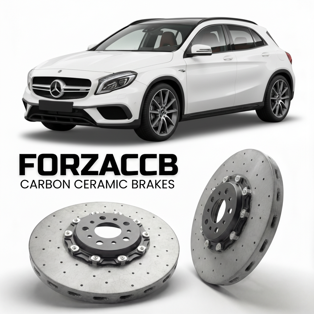 ForzaCCB direct OEM replacement carbon ceramic brake rotors for 2020 to 2024 Mercedes-Benz GLA 45 AMG H247 models, shown with a white Mercedes-Benz GLA 45 AMG car.
