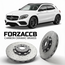 ForzaCCB direct OEM replacement carbon ceramic brake rotors for 2020 to 2024 Mercedes-Benz GLA 45 S AMG H247 models, shown with a white Mercedes-Benz GLA 45 S AMG car.