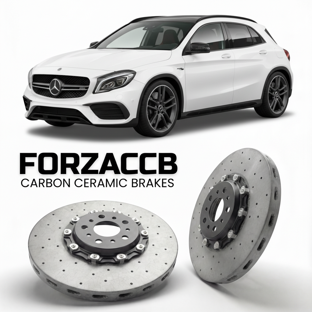 ForzaCCB direct OEM replacement carbon ceramic brake rotors for 2020 to 2024 Mercedes-Benz GLA 45 S AMG H247 models, shown with a white Mercedes-Benz GLA 45 S AMG car.