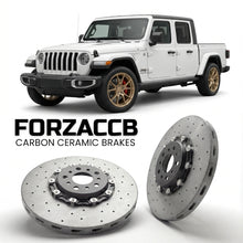 ForzaCCB direct OEM replacement carbon ceramic brake rotors for 2019 to 2023 Jeep Gladiator JT models, shown with a white Jeep Gladiator car.
