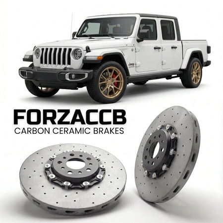 ForzaCCB direct OEM replacement carbon ceramic brake rotors for 2019 to 2023 Jeep Gladiator JT models, shown with a white Jeep Gladiator car.