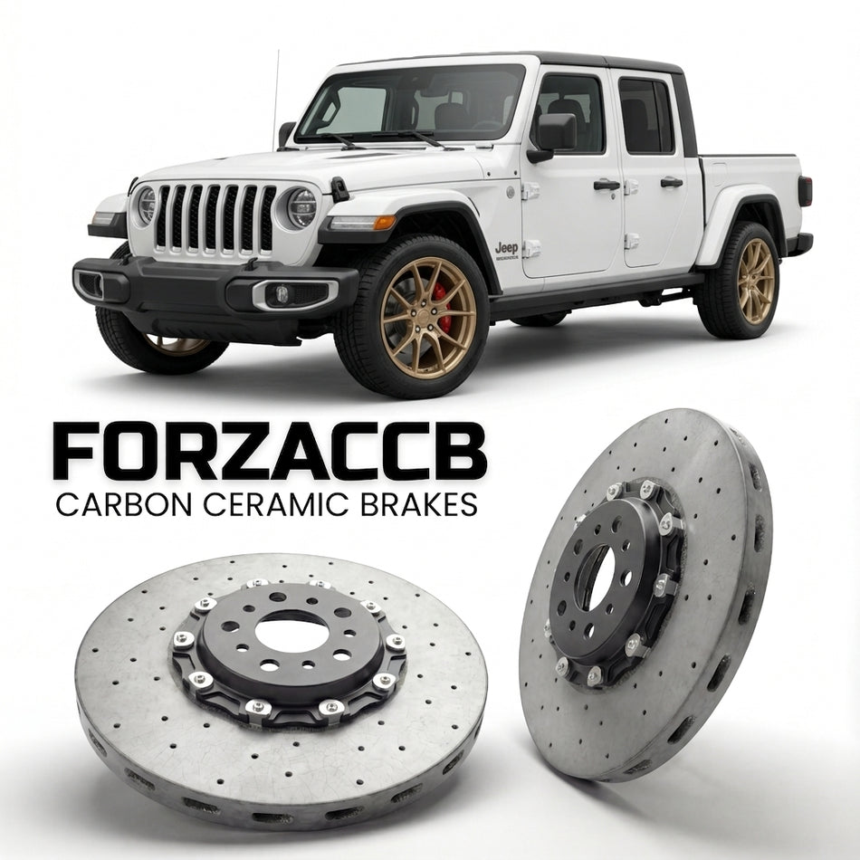 ForzaCCB direct OEM replacement carbon ceramic brake rotors for 2019 to 2023 Jeep Gladiator JT models, shown with a white Jeep Gladiator car.