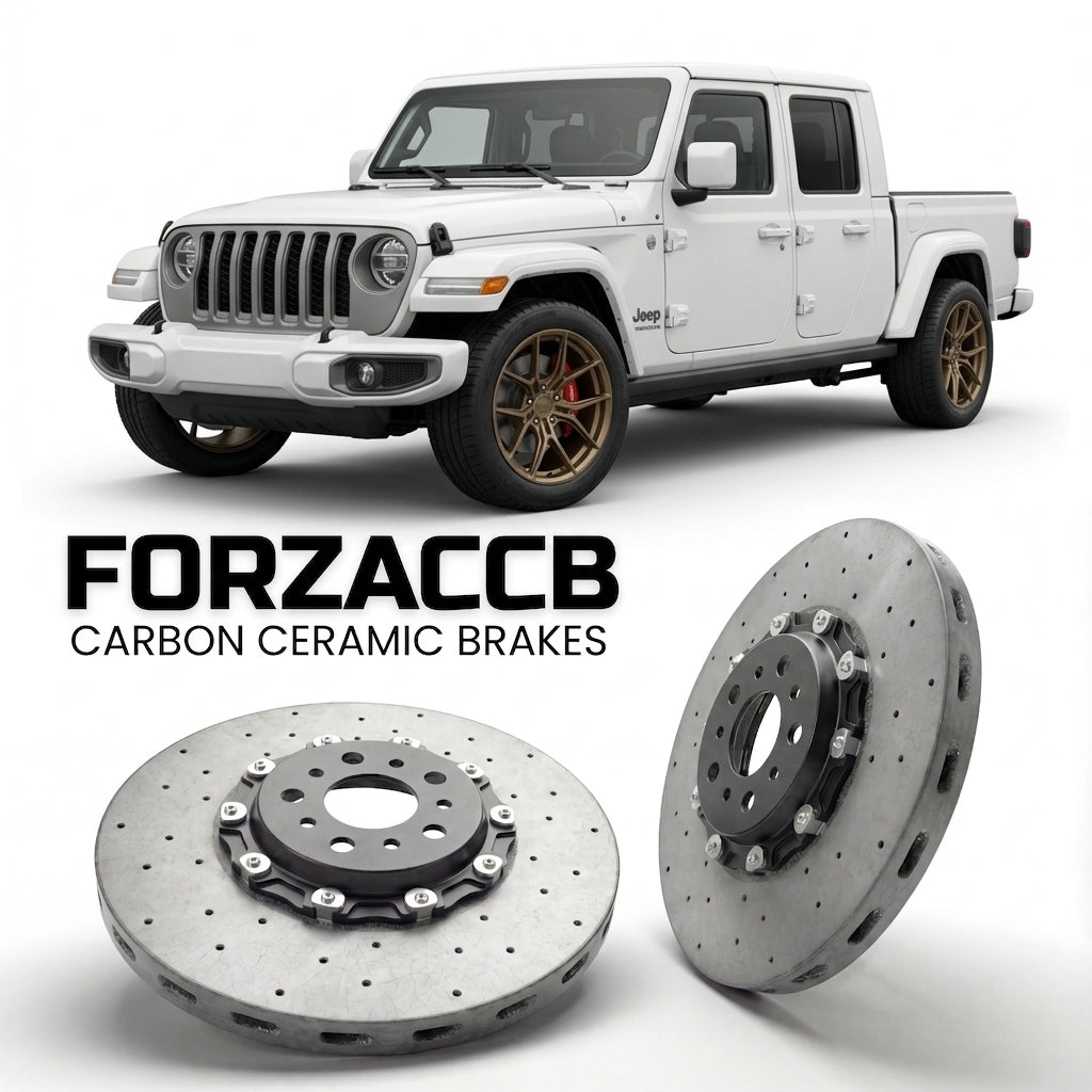 ForzaCCB direct OEM replacement carbon ceramic brake rotors for 2024 and newer Jeep Gladiator JT, facelift 2024 models, shown with a white Jeep Gladiator car.