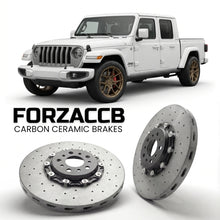 ForzaCCB direct OEM replacement carbon ceramic brake rotors for 2024 and newer Jeep Gladiator JT, facelift 2024 models, shown with a white Jeep Gladiator car.