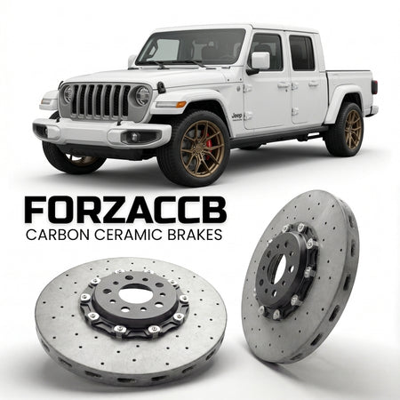 ForzaCCB direct OEM replacement carbon ceramic brake rotors for 2024 and newer Jeep Gladiator JT, facelift 2024 models, shown with a white Jeep Gladiator car.
