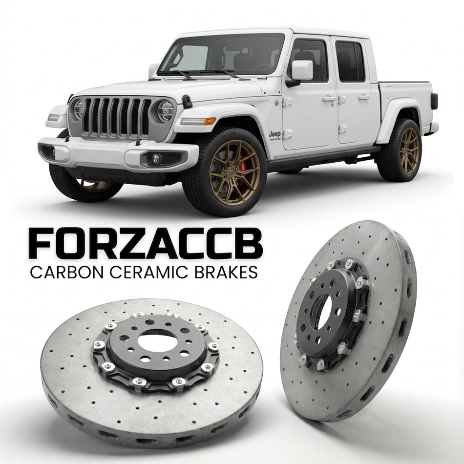 ForzaCCB direct OEM replacement carbon ceramic brake rotors for 2024 and newer Jeep Gladiator JT, facelift 2024 models, shown with a white Jeep Gladiator car.