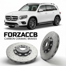 ForzaCCB direct OEM replacement carbon ceramic brake rotors for 2019- Mercedes-Benz GLB X247 models, shown with a white Mercedes-Benz GLB car.