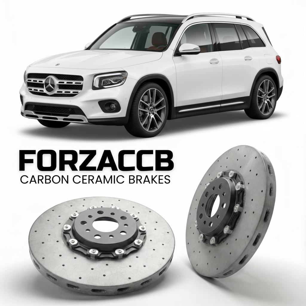 ForzaCCB direct OEM replacement carbon ceramic brake rotors for 2019- Mercedes-Benz GLB X247 models, shown with a white Mercedes-Benz GLB car.