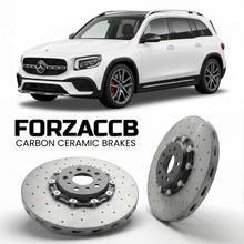 ForzaCCB direct OEM replacement carbon ceramic brake rotors for 2020- Mercedes-Benz GLB 35 AMG X247 models, shown with a white Mercedes-Benz GLB 35 AMG car.