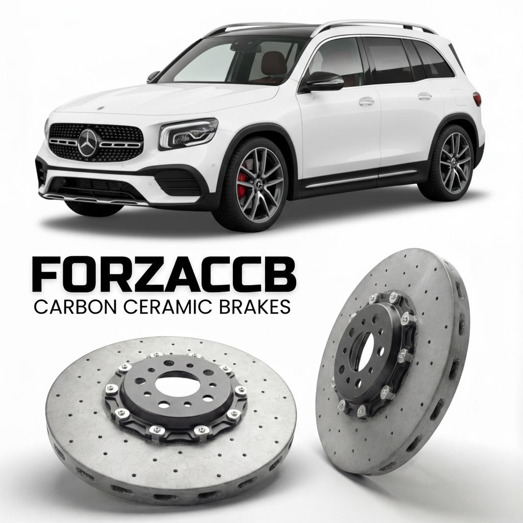 ForzaCCB direct OEM replacement carbon ceramic brake rotors for 2020- Mercedes-Benz GLB 35 AMG X247 models, shown with a white Mercedes-Benz GLB 35 AMG car.