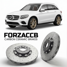 ForzaCCB direct OEM replacement carbon ceramic brake rotors for 2015 to 2022 Mercedes-Benz GLC X253 models, shown with a white Mercedes-Benz GLC car.