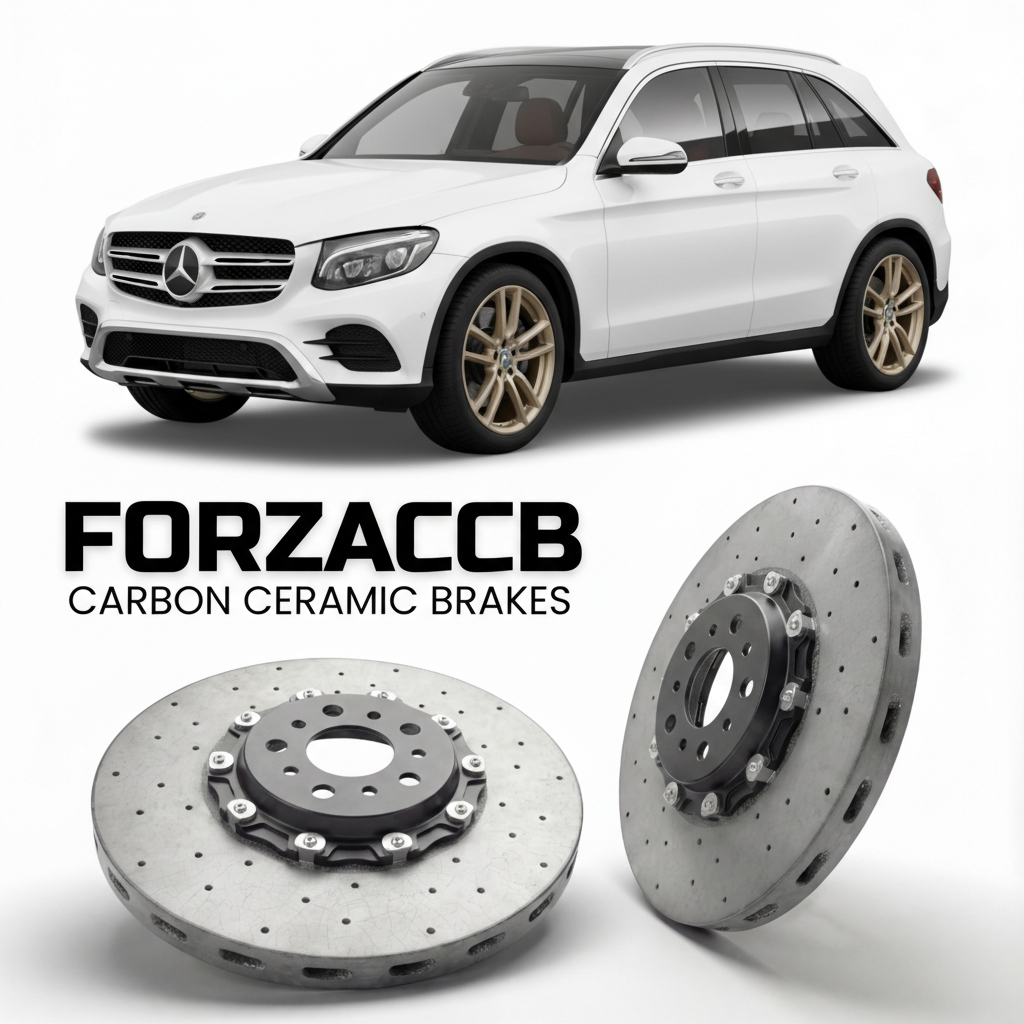 ForzaCCB direct OEM replacement carbon ceramic brake rotors for 2015 to 2022 Mercedes-Benz GLC X253 models, shown with a white Mercedes-Benz GLC car.