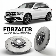 ForzaCCB direct OEM replacement carbon ceramic brake rotors for 2022- Mercedes-Benz GLC X254 models, shown with a white Mercedes-Benz GLC car.