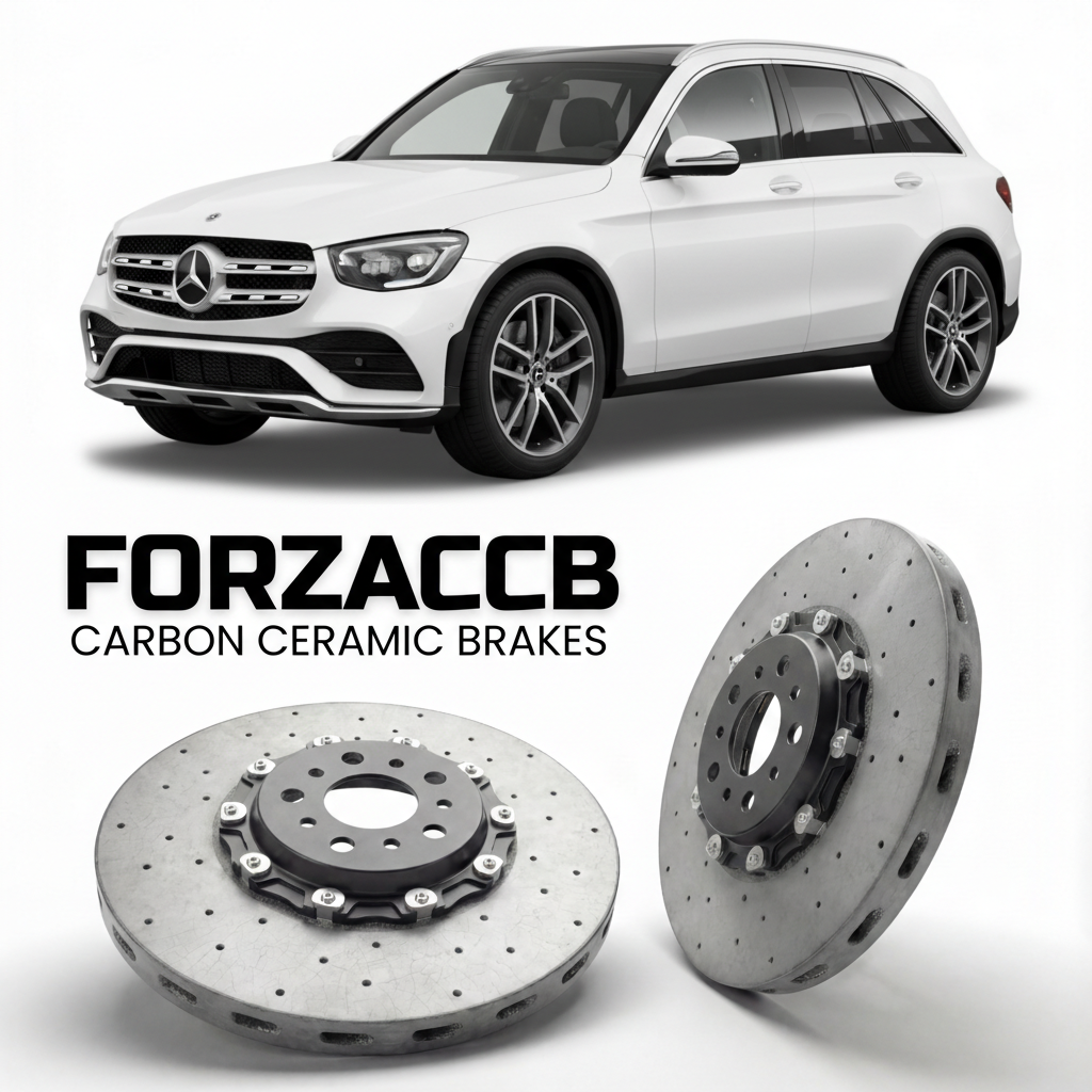 ForzaCCB direct OEM replacement carbon ceramic brake rotors for 2022- Mercedes-Benz GLC X254 models, shown with a white Mercedes-Benz GLC car.