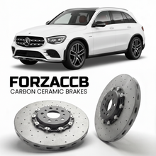 ForzaCCB direct OEM replacement carbon ceramic brake rotors for 2023- Mercedes-Benz GLC 43 AMG X254 models, shown with a white Mercedes-Benz GLC 43 AMG car.