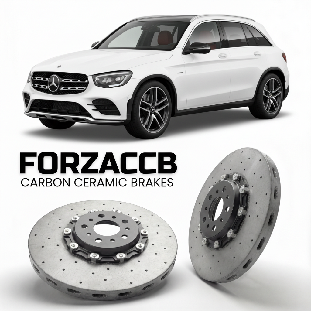ForzaCCB direct OEM replacement carbon ceramic brake rotors for 2023- Mercedes-Benz GLC 43 AMG X254 models, shown with a white Mercedes-Benz GLC 43 AMG car.