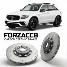 ForzaCCB direct OEM replacement carbon ceramic brake rotors for 2017 to 2018 Mercedes-Benz GLC 63 AMG X253 models, shown with a white Mercedes-Benz GLC 63 AMG car.