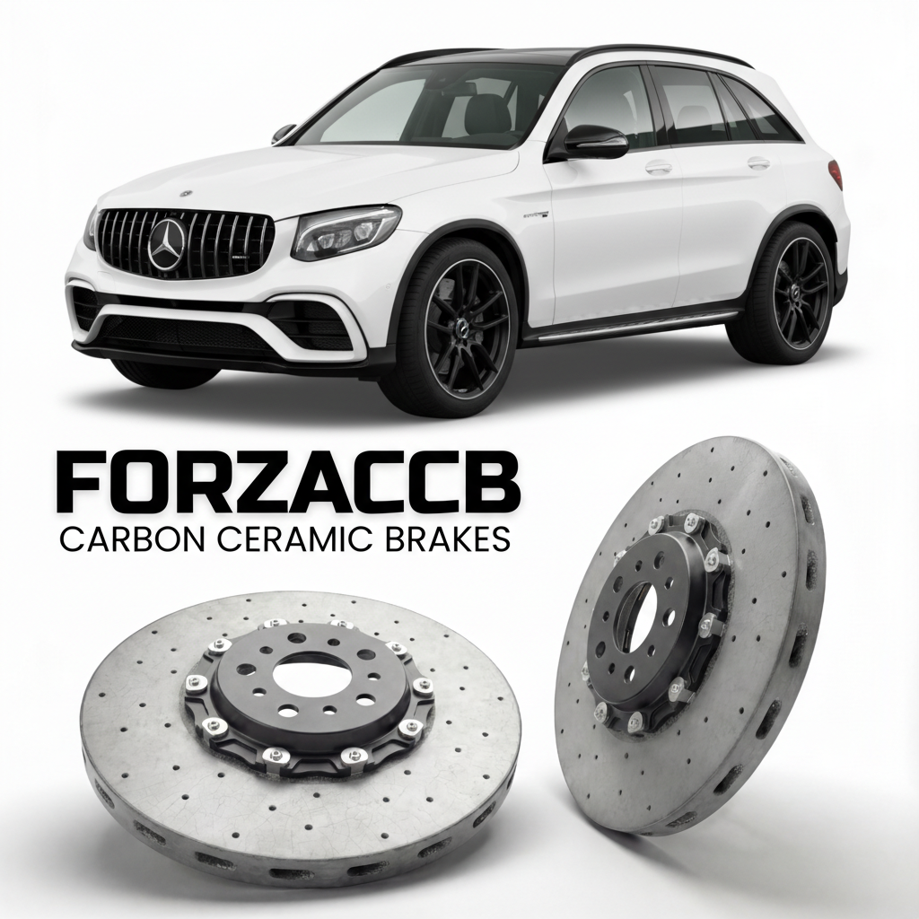 ForzaCCB direct OEM replacement carbon ceramic brake rotors for 2017 to 2018 Mercedes-Benz GLC 63 AMG X253 models, shown with a white Mercedes-Benz GLC 63 AMG car.