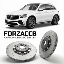 ForzaCCB direct OEM replacement carbon ceramic brake rotors for 2023- Mercedes-Benz GLC 63 AMG X254 models, shown with a white Mercedes-Benz GLC 63 AMG car.
