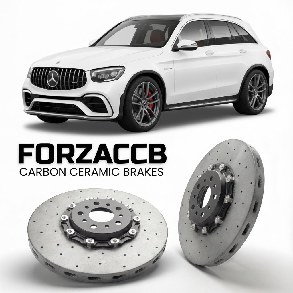 ForzaCCB direct OEM replacement carbon ceramic brake rotors for 2023- Mercedes-Benz GLC 63 AMG X254 models, shown with a white Mercedes-Benz GLC 63 AMG car.