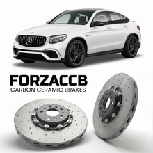 ForzaCCB direct OEM replacement carbon ceramic brake rotors for 2017 to 2018 Mercedes-Benz GLC 63 AMG Coupé C253 models, shown with a white Mercedes-Benz GLC 63 AMG Coupé car.