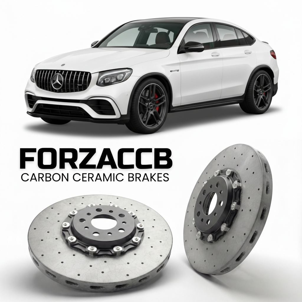ForzaCCB direct OEM replacement carbon ceramic brake rotors for 2017 to 2018 Mercedes-Benz GLC 63 AMG Coupé C253 models, shown with a white Mercedes-Benz GLC 63 AMG Coupé car.