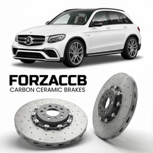ForzaCCB direct OEM replacement carbon ceramic brake rotors for 2017 to 2018 Mercedes-Benz GLC 63 S AMG X253 models, shown with a white Mercedes-Benz GLC 63 S AMG car.