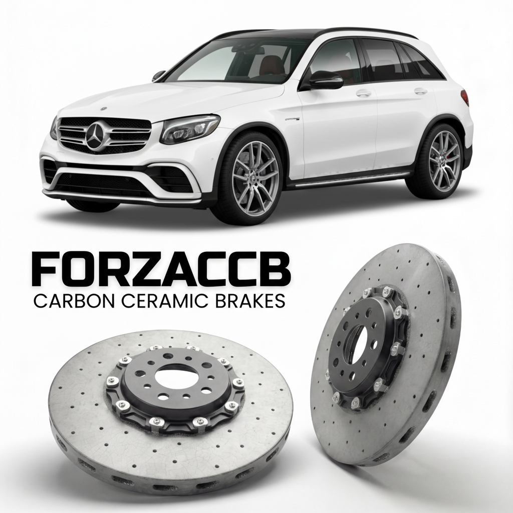 ForzaCCB direct OEM replacement carbon ceramic brake rotors for 2017 to 2018 Mercedes-Benz GLC 63 S AMG X253 models, shown with a white Mercedes-Benz GLC 63 S AMG car.